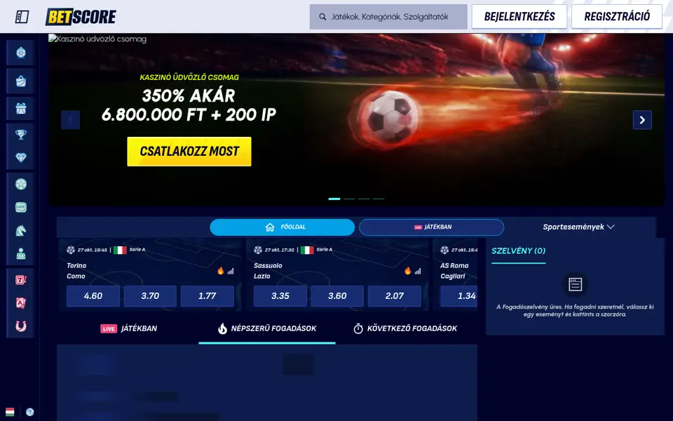 Betscore: A kaszinó nyitóoldala, 2026. október