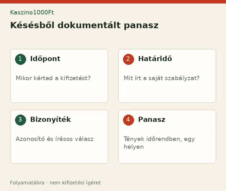 Késésből dokumentált panasz: Időpont - Mikor kérted a kifizetést?; Határidő - Mit írt a saját szabályzat?; Bizonyíték - Azonosító és írásos válasz; Panasz - Tények időrendben, egy helyen